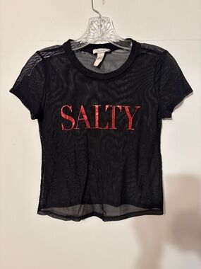 TeenBell Black Mesh Short Sleeve Tee with Red SALTY Appliqué. Small. Beach cover